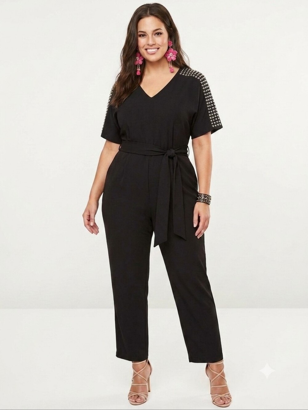 LANE BRYANT Black Jumpsuit With Studded Sleeves, Belt, and POCKETS - 22 NWT